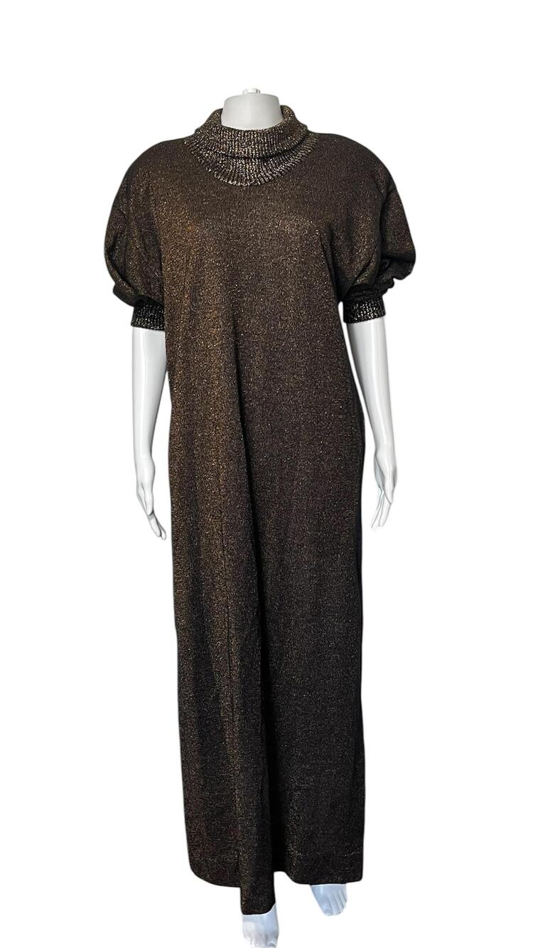 Vintage Christian Dior Dress Womens Medium Black Metallic Turtleneck Knit Maxi